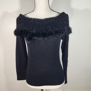 Black Size Medium Crochet with Real Rabbit fur Crop Boat Neck Sweater